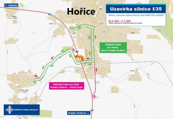 Sjezd na silnici I/35 u Hořic bude od 20. 6. uzavřen kvůli pokládce asfaltového povrchu 